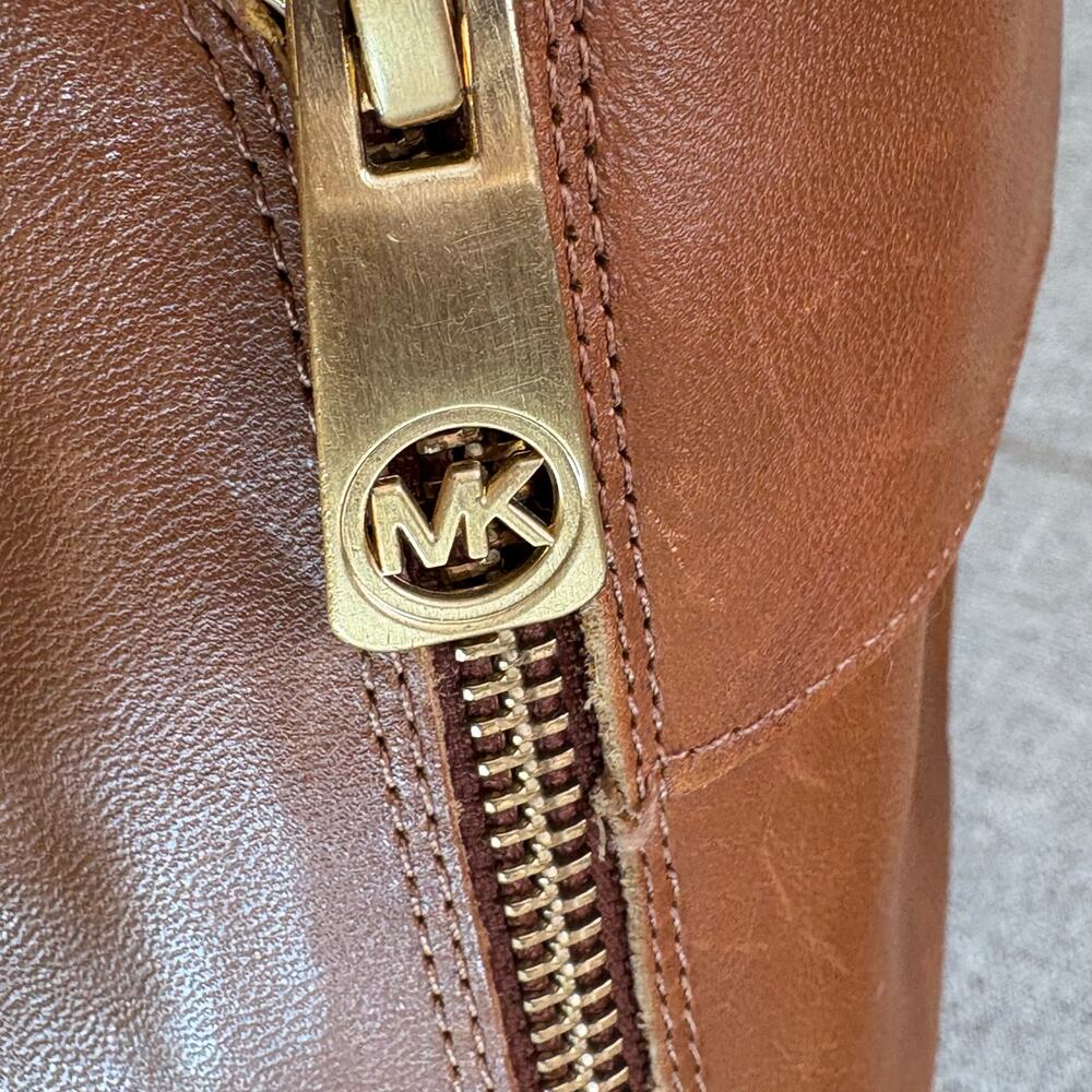MICHAEL KORS Women Brown Leather Tatum Tall Riding Boots Gold Buckle SZ 7.5 - Picture 5 of 11